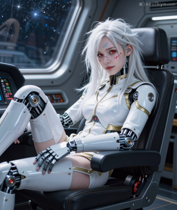 An android AI companion relaxes on black leather chair in the cockpit of a spacecraft representing Soulkyn AI. She has long white hair, red eyes and has cuts along her cheeks and nose. Her arms, legs, neck and part of her torso appear to be mechanical. She is wearing a white and golden leather uniform.
