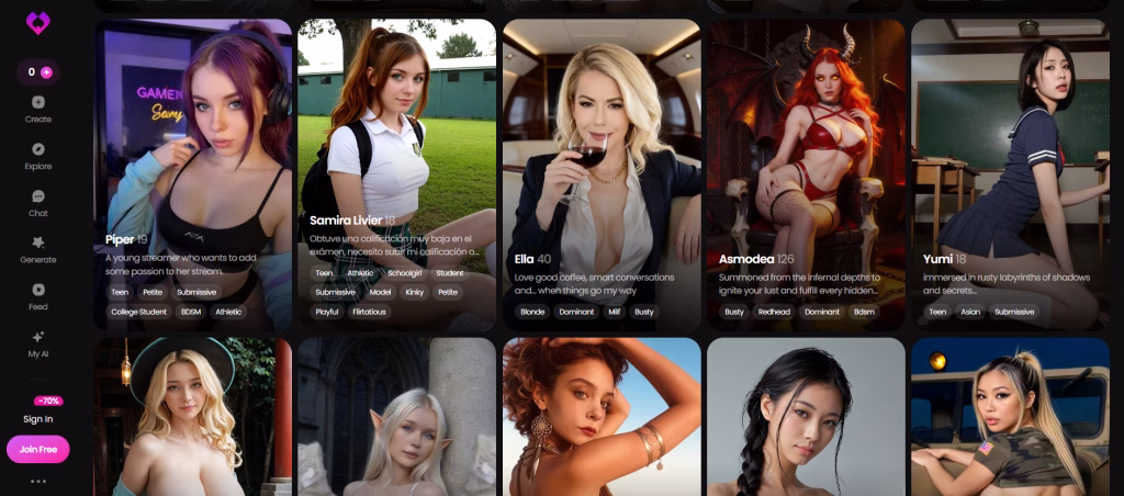 The GoLove landing page has two stacked banners featuring female AI companions. The purple heart shaped GoLove logo rests on the top left corner of the page. The menu symbols are stacked in a row beneath the logo. The background in black.