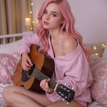 A beautiful pink-haired AI companion sits on a bed representing an AI girlfriend. She has blue eyes and is wearing an oversized pink sweater. She is strumming on an acoustic guitar and looking at the viewer.