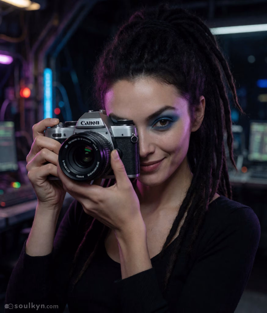An AI companion stands in a high-tech room. She is holding a classic black Canon camera up to her eye to see through the lens. She is smiling at the viewer. She has long dark dreadlocks tied in a high ponytail, brown eyes and is wearing heavy blue eyeshadow.