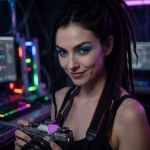 An AI companion stands in a high-tech room representing an AI companion with images. She is holding a classic black Canon camera and smiling at the viewer. She has long dark dreadlocks tied in a high ponytail, brown eyes and is wearing heavy blue eyeshadow.