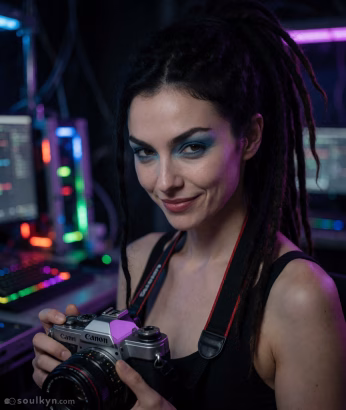 An AI companion stands in a high-tech room representing an AI companion with images. She is holding a classic black Canon camera and smiling at the viewer. She has long dark dreadlocks tied in a high ponytail, brown eyes and is wearing heavy blue eyeshadow.
