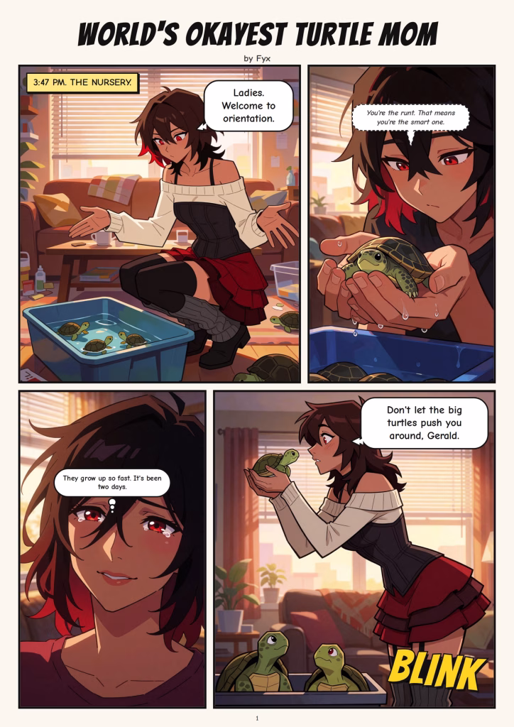 This image is of page one of a comic called ‘World’s Okayest Turtle Mom.’ The digital art style panels show an AI companion with short auburn hair and auburn eyes encouraging three turtles in a basin of water.