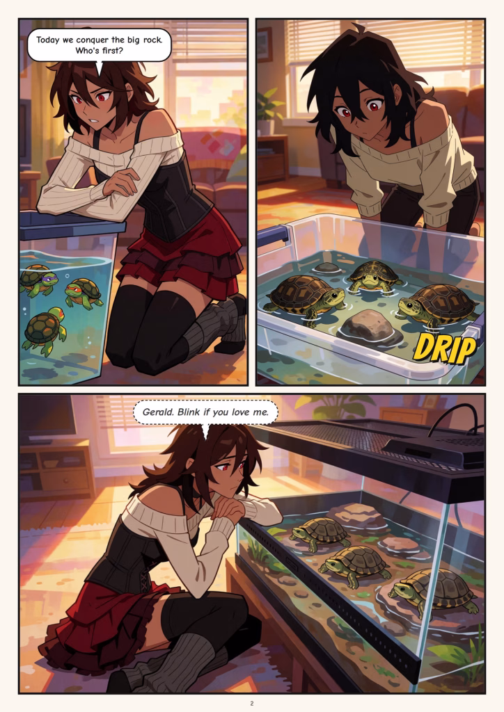 This image is of page two of a comic called ‘World’s Okayest Turtle Mom.’ The digital art style panels show an AI companion with short auburn hair and auburn eyes looking forlornly at three turtles in a tank of water.
