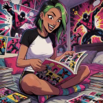 An AI companion rendered in a digital comic book style sits on a bed. She has green hair, brown eyes and a nose ring. She is holding a colorful comic book. The walls of her bedroom are covered with comic book posters.