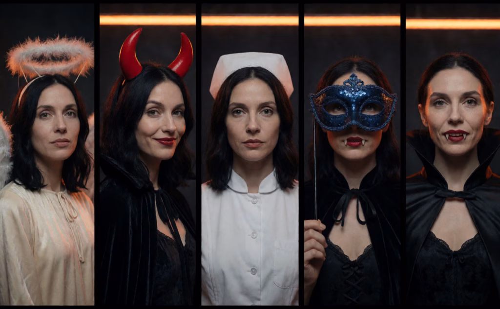 This photorealistic collage showcases a series of images of an AI companion dressed as five different characters side by side. She has shoulder-length dark hair and brown eyes. She is dressed as an angel, demon, nurse, masquerade ball guest and a vampire.