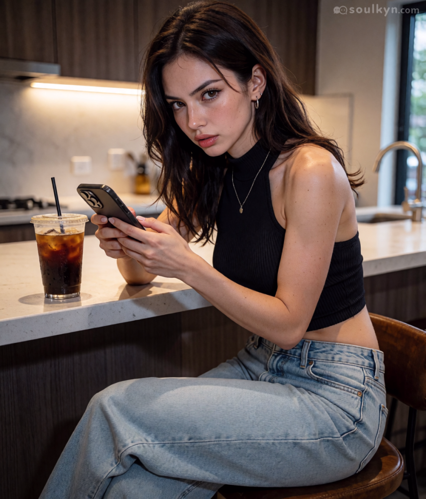 A brunette AI companion sits at a kitchen counter holding her phone. She is wearing earrings, a necklace, a black tank top and baggy denim jeans. An iced-coffee rests on the counter. The AI companion stares at the viewer with suspicion.