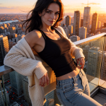 A beautiful brunette AI companion stands on a rooftop representing Soulkyn features. She has has brown eyes. She is wearing a beige cardigan, a brown tank top and jeans. She leans against the rooftop railing. The background shows a city scene bathed in golden sunlight.