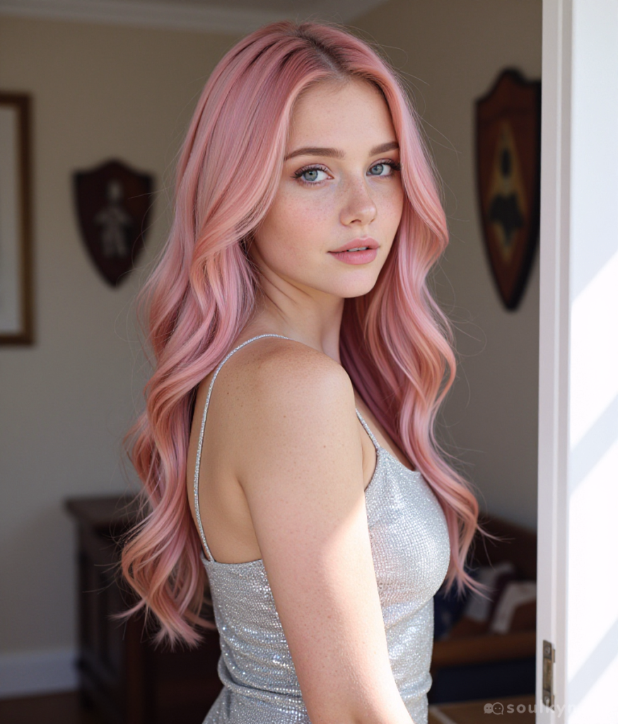 A pink-haired AI companion stands in an open doorway. Her head is turned toward the camera. She has blue eyes. She is wearing a silver top with thin straps. She is looking at the viewer.