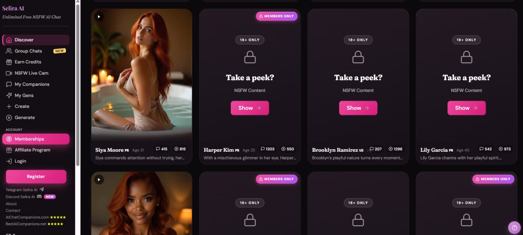 This screenshot showcases the Selira AI landing page. The page elements appear on a black background while elements like membership and register buttons are pink. The Selira AI logo is displayed in pink at the top left corner. Two rows of banners display AI companions, but only two AI companion profiles are visible because of the SFW settings.