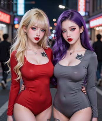 Two twin AI companions stand on a city street representing two different AI companion platforms. The twin on the left has long wavy blonde hair, blue eyes and is wearing red lipstick. She has a black cat tattoo under her collarbone. She is wearing a long-sleeve red leotard. The AI companion on the right has long wavy purple hair, blue eyes and is wearing red lipstick. She has a black cat tattoo under her collarbone and is wearing a long-sleeve gray leotard.