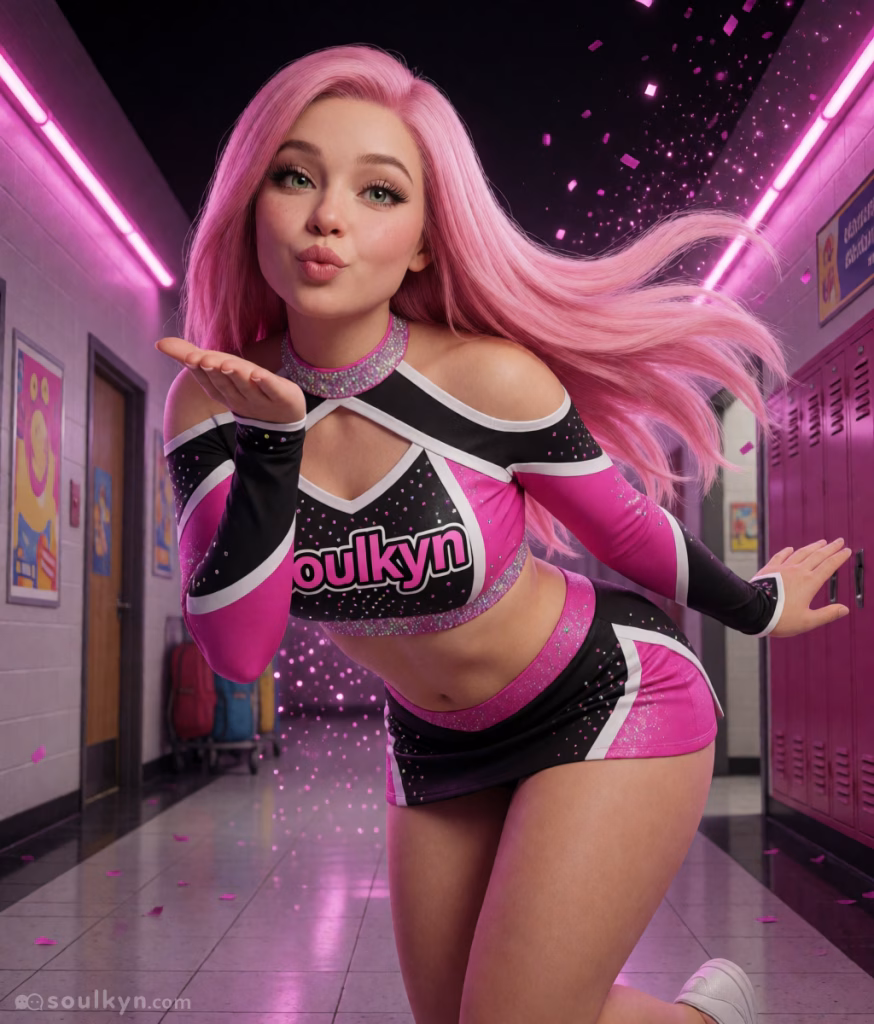A cheerleader with long pink hair and green eyes stands in a university hallway. She is blowing a kiss at the viewer. She is are black, pink and white uniform with the Soulkyn logo. Shimmering pink glitter swirls around her in the background.