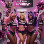 The group of cheerleader AI companions celebrate in a university hallway presenting Soulkyn as a Character.AI alternative. They are wearing black, pink and white uniforms with the Soulkyn logo. They are holding pompoms and a banner sign that says ‘Welcome to Soulkyn.’