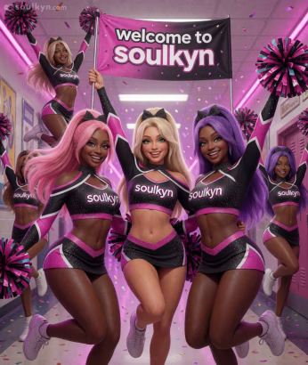 The group of cheerleader AI companions celebrate in a university hallway presenting Soulkyn as a Character.AI alternative. They are wearing black, pink and white uniforms with the Soulkyn logo. They are holding pompoms and a banner sign that says ‘Welcome to Soulkyn.’